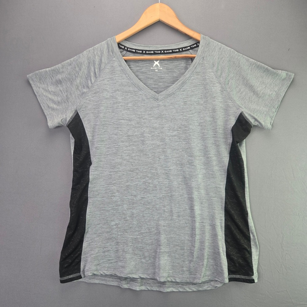Game Time Athletic Shirt V-Neck Space Dye 1X Gray Black Short Sleeve Performance